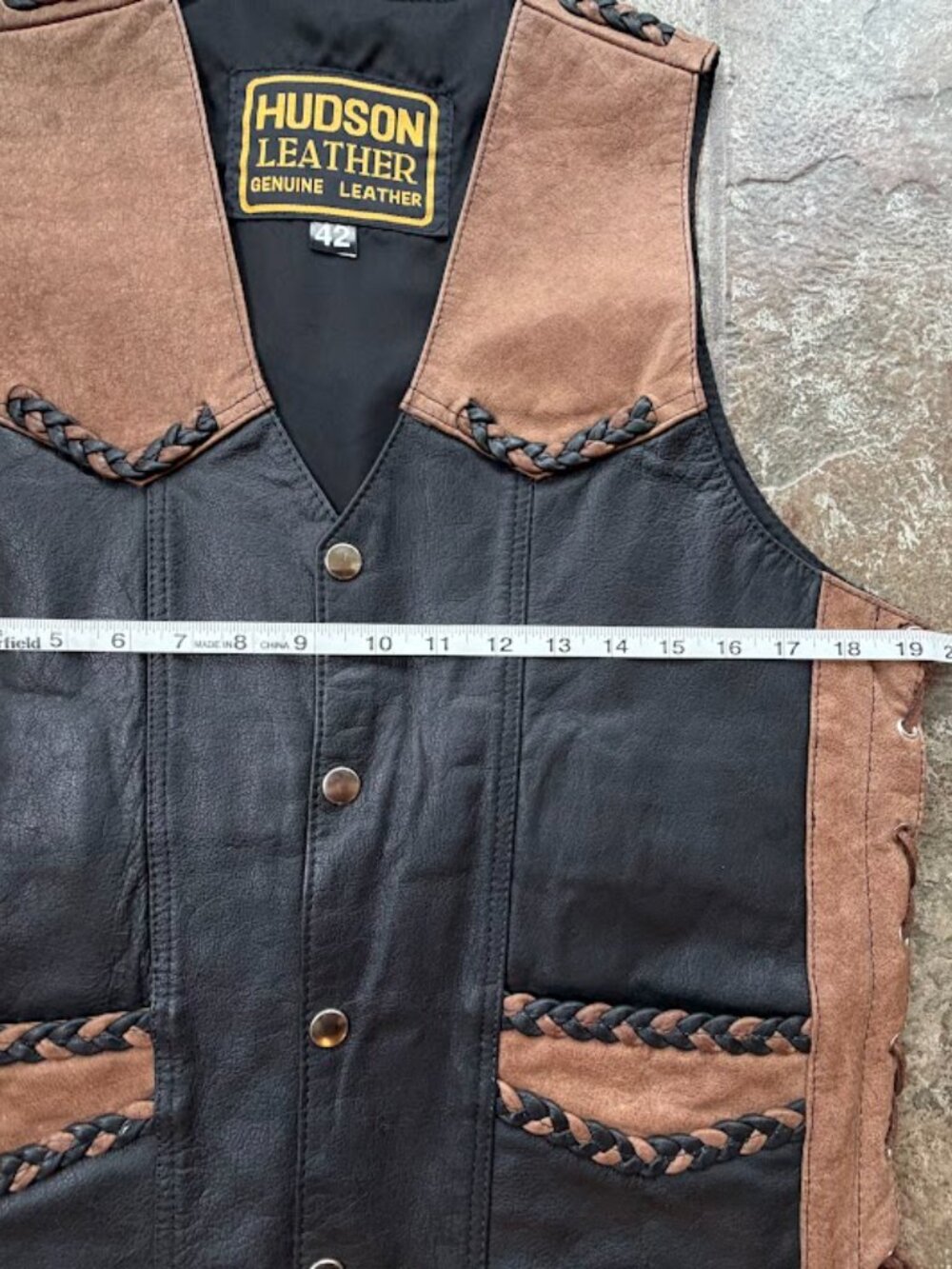 Vintage Hudson Leather Two-Tone Biker Vest Braided Lace Up Western Boho Moto 42 - Picture 6 of 9